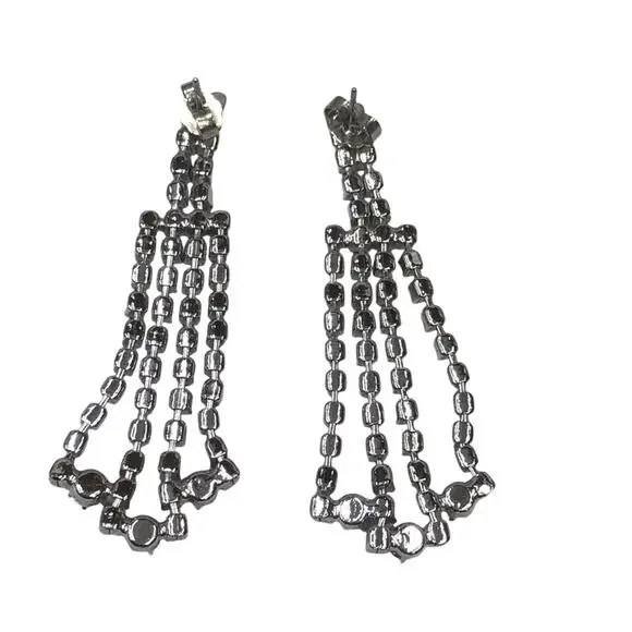 90's Vintage Rhinestone Dangle Drop Chandelier Earrings Silver Tone Post Style - Picture 7 of 16